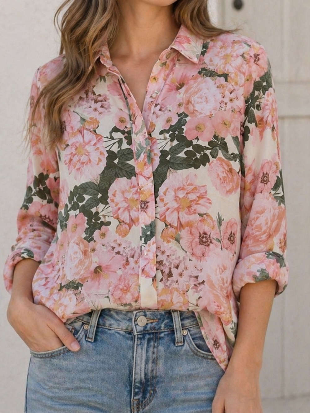 EXPRESS Floral Pink Long-Sleeve Women's Blouse - Size Small